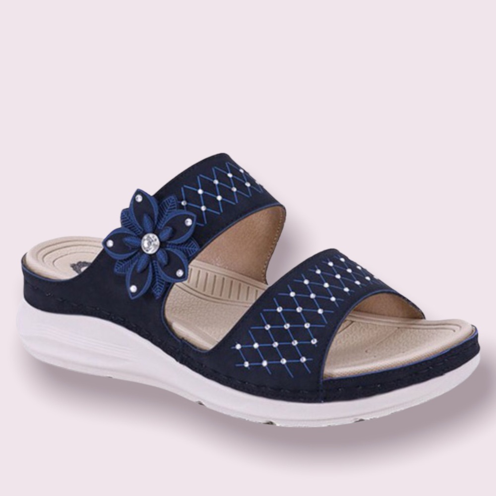 Italina Black Comfort Flower Laser Cut Perforated Slip-On Wedge Strappy Sandal